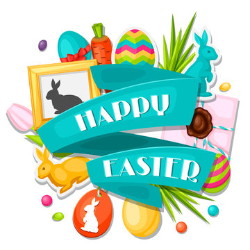 Happy Easter greeting card with decorative objects, eggs, bunnies stickers. Concept can be used for holiday invitations and posters
