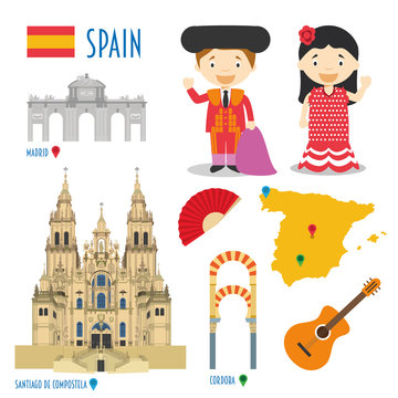 Spain Flat Icon Set Travel and tourism concept. Vector illustration
