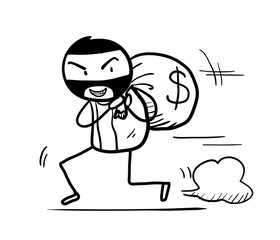 Money Theft Doodle, a hand drawn vector doodle illustration of a money theft running away with a bag full of cash.