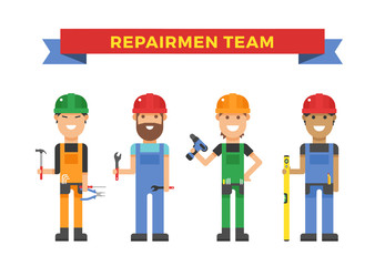 Cartoon workers couple and tools under construction vector illustration