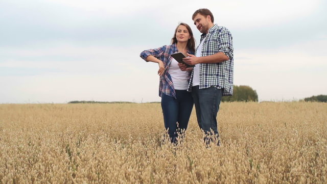 Man and woman standing together in field of rye and talking about harvest