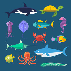Vector set of sea marine fish and animals