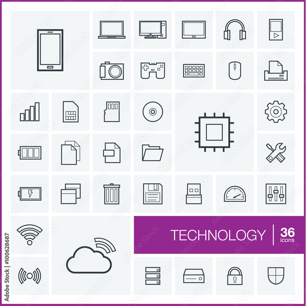 Aufkleber vector thin line icons set and graphic design elements. illustration with technology and digital out