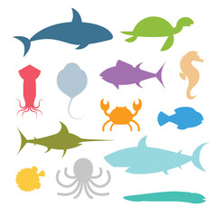 Vector set of sea marine fish and animals icons