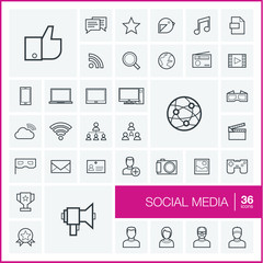 Vector thin line icons set and graphic design elements. Illustration with social media and digital technology outline symbols. Like, speech bubble, avatar, computer, web, mobile linear pictogram