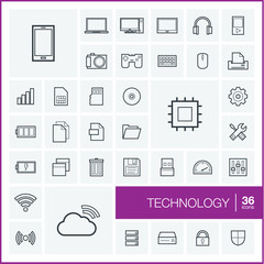 Vector thin line icons set and graphic design elements. Illustration with technology and digital outline symbols. Mobile phone, cloud computing, cogwheel, settings, network and media linear pictogram