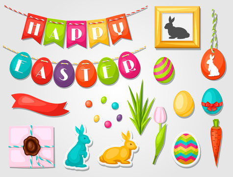 Happy Easter objects, decorations. Can be used for holiday invitations and posters