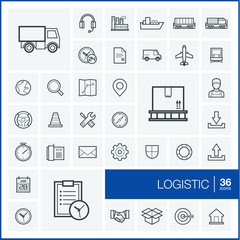 Vector thin line icons set and graphic design elements. Illustration with Logistic, delivery business, distribution outline symbols. Service, export, shipping, transport linear pictogram
