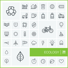 Vector thin line icons set and graphic design elements. Illustration with ecology outline symbols. Eco, bio, environmental, recycle linear pictogram