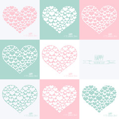 Happy Valentines day cards. Set of heart sign symbols. Heart of many hearts. Flat color vector illustration.