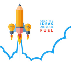 Creative ideas are your fuel. Flat design colorful vector illustration concept for creativity, big idea, creative work, starting new project.