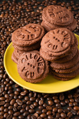 Homemade chocolate cookies on the coffee beans