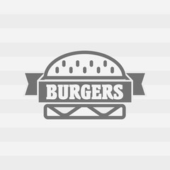Burgers logo or badge concept with ribbon. Gray on light background