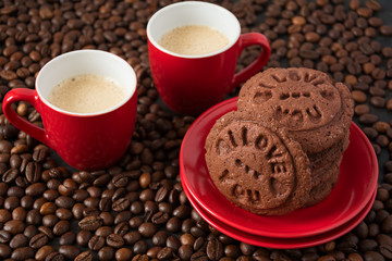 Homemade chocolate cookies on the coffee beans