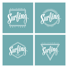 Set of surfing labels and logos. Handwritten word. Vector illustration.