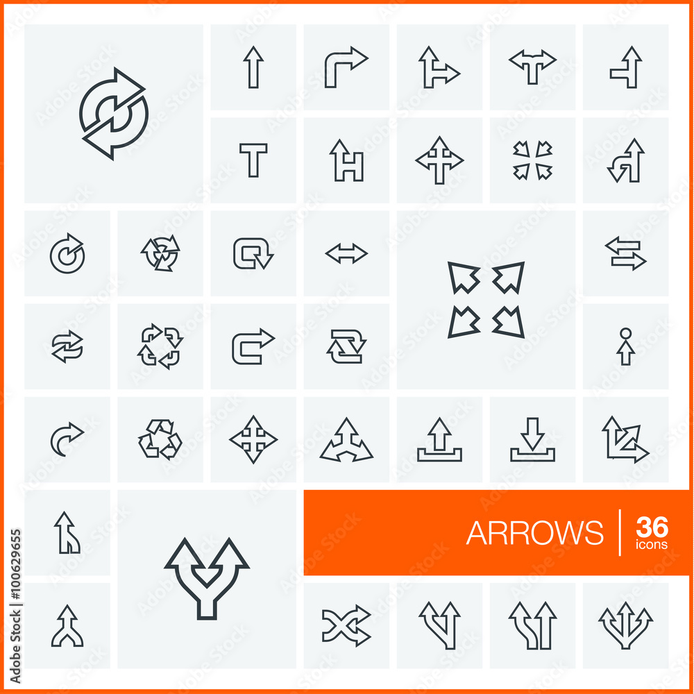 Poster vector thin line icons set and graphic design elements. illustration with arrows, direction and move