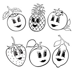 Set of 6 cartoon funny fruit black and white