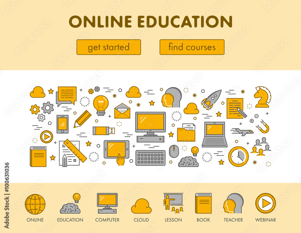 Poster line design concept web banner for online education and e-learni