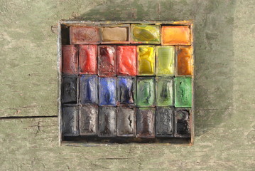watercolor paints in a box