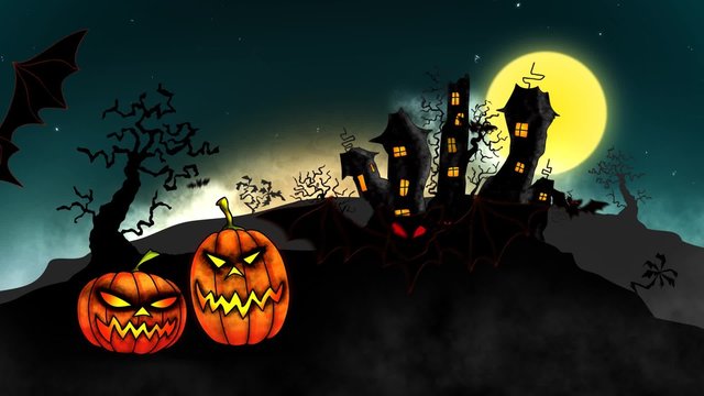 haunted halloween castle with bats and pumpkins background 