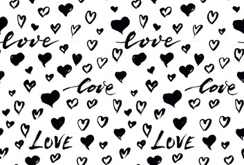 Seamless background pattern with hand drawn textured hearts