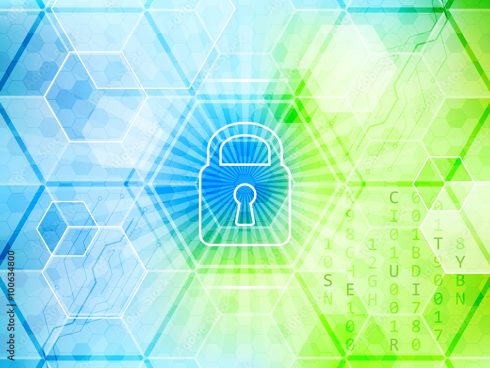 Poster abstract vector technological background with global security concept. lock, hexagon and circuit boa