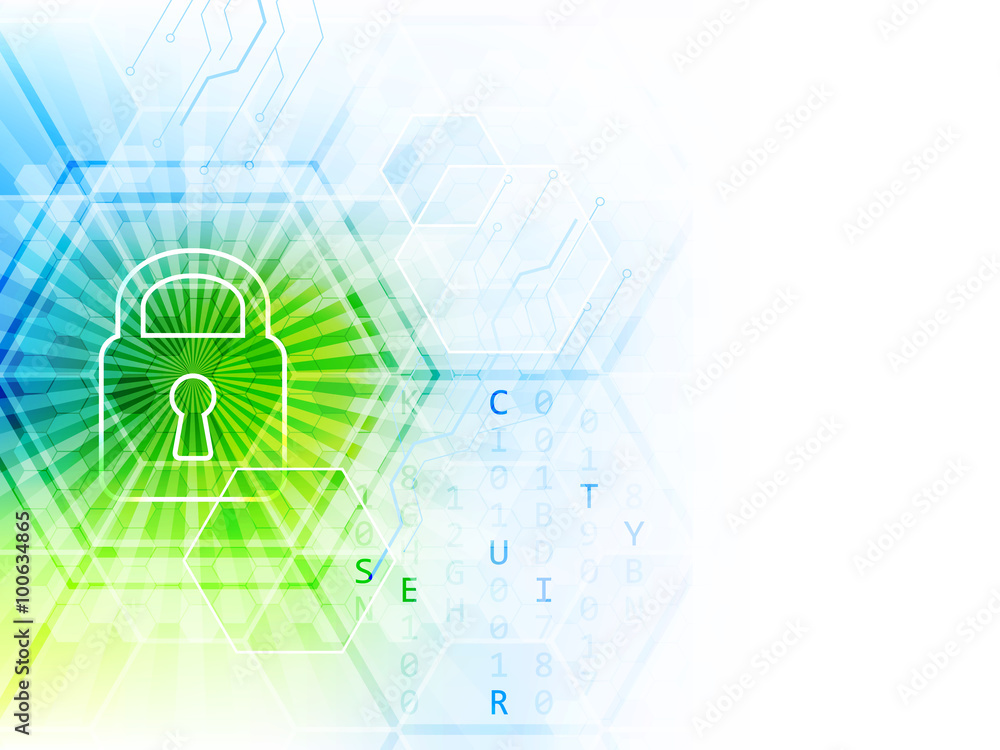 Poster technological abstract vector background with lock, circuit board and hexagon pattern.