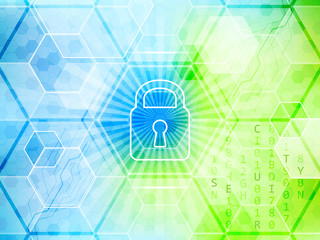 Abstract vector technological background with global security concept. Lock, hexagon and circuit board.