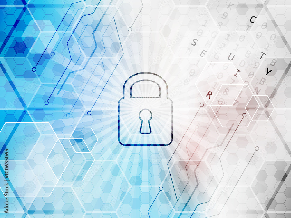Poster abstract vector technological background with global security concept. lock, hexagon and circuit boa