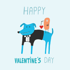 Dog and bird Valentines day card