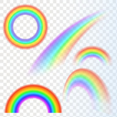 Rainbows in different shape realistic set on transparent background. Isolated vector illustration