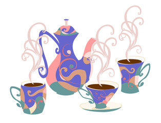 Set of tableware for tea and coffee with abstract print.