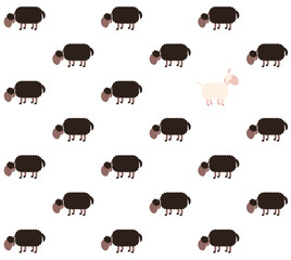 Black sheep flock with one white sheep looking up - contrary to the usual metaphor. Seamless background can be created in all directions. Isolated vector illustration on white background.