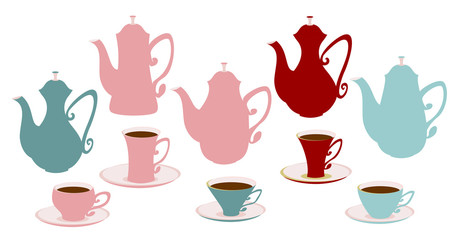 Set of icons of teapots, coffee pots and cups.