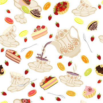 Seamless pattern with teapots, cups, cakes, lemons and strawberries.