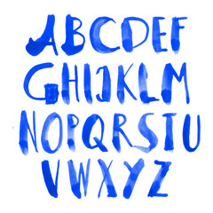 Handwritten blue watercolor alphabet with numbers and symbols. Vector
