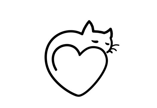 Силуэт, контурная иллюстрация кошка лежит на сердечке