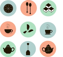 Tea icons, black marks on the red, blue, green, white background, flat icons. Bright pastel cool colors. Lemon slices, tea leaves, refined sugar, cups, spoons, teapots, tea bag. Design element, vector
