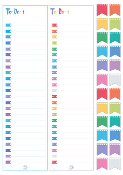Colorfull Printable Dashboard boxes, in flat colors for planners, blocknotes,notepads etc.The To Do sheets are 1,5''x1,9'' size
and 0,7''x0,8'' for the small flags.