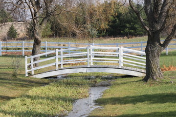 A white, wooden bridge spanning a small ditch full of water.


