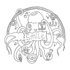 Cute smiling cartoon octopus with a camera.