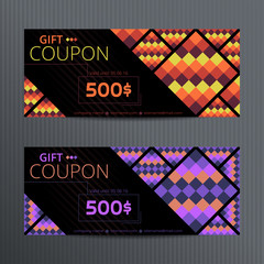 Vector illustration of gift voucher template collection. Voucher tickets. Voucher sale coupon. Gift voucher vector. Set of vector coupon templates. Bright gift coupons.