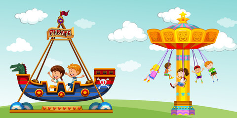 Children riding on pirate ship and swing