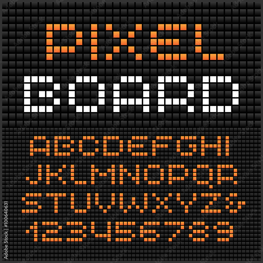 Poster pixel font. vector alphabet with dots effect letters and numbers