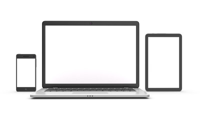 Modern laptop, tablet and smartphone isolated on white.