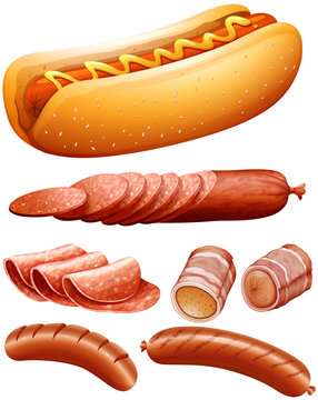 Different kind of meat and hotdog