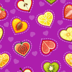 Seamless pattern with fresh fruit and berries in a cut and shape of the heart