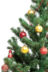 Christmas tree with baubles on white background.