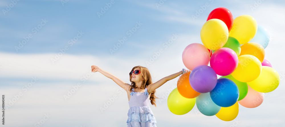 Poster happy girl with colorful balloons