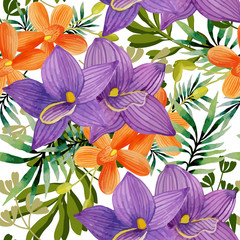 Watercolor seamless pattern of exotic flowers.